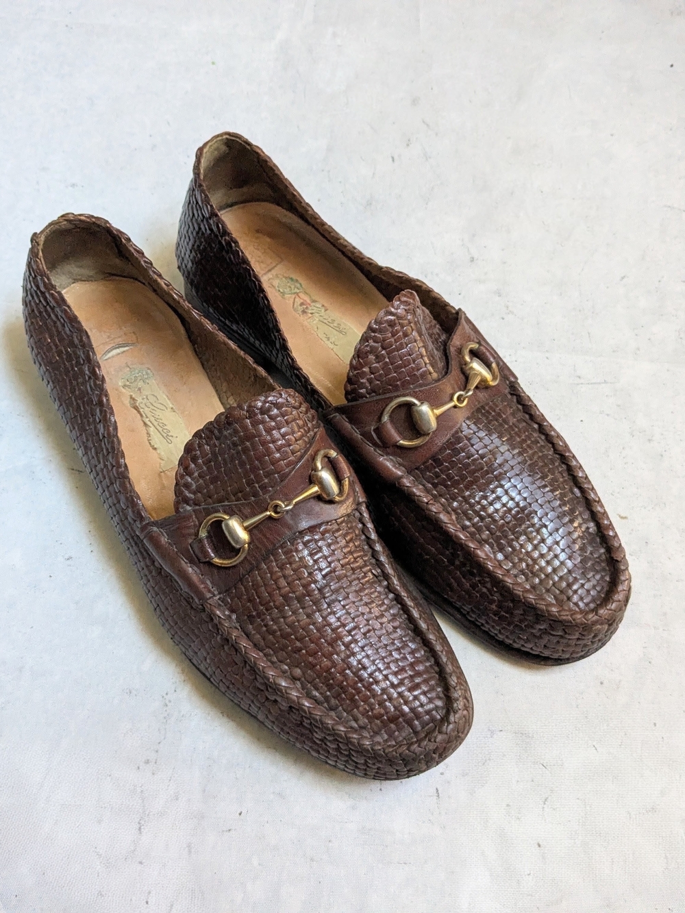 Vintage Gucci Horsebit Loafers Brown Men 11 44 Leather Woven Italy